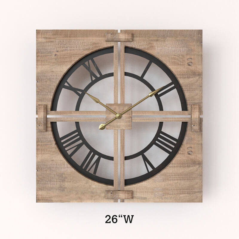 Metal and Brown Wood Square Wall Clock