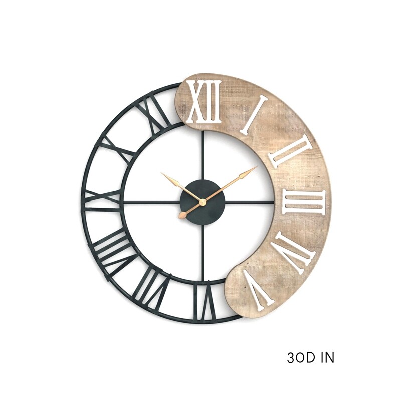 White/black round wood & metal wall clock