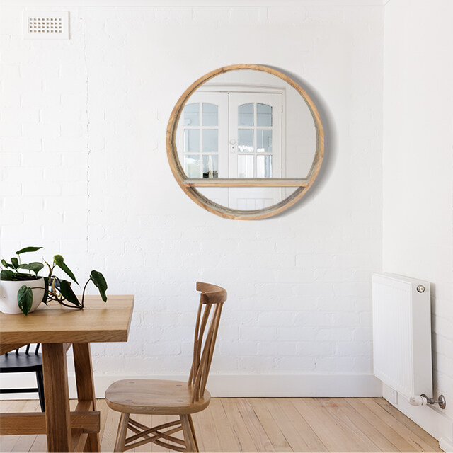wood framed round wall miror with shelf
