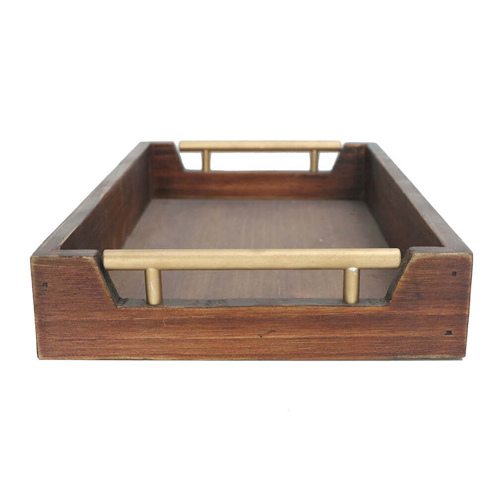 wooden serving tray with brass handle