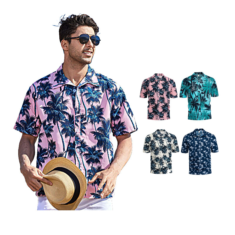 New Design Custom Shirt Printing Men Beach Wear Linen/Cotton Hawaiian Shirts Wholesale