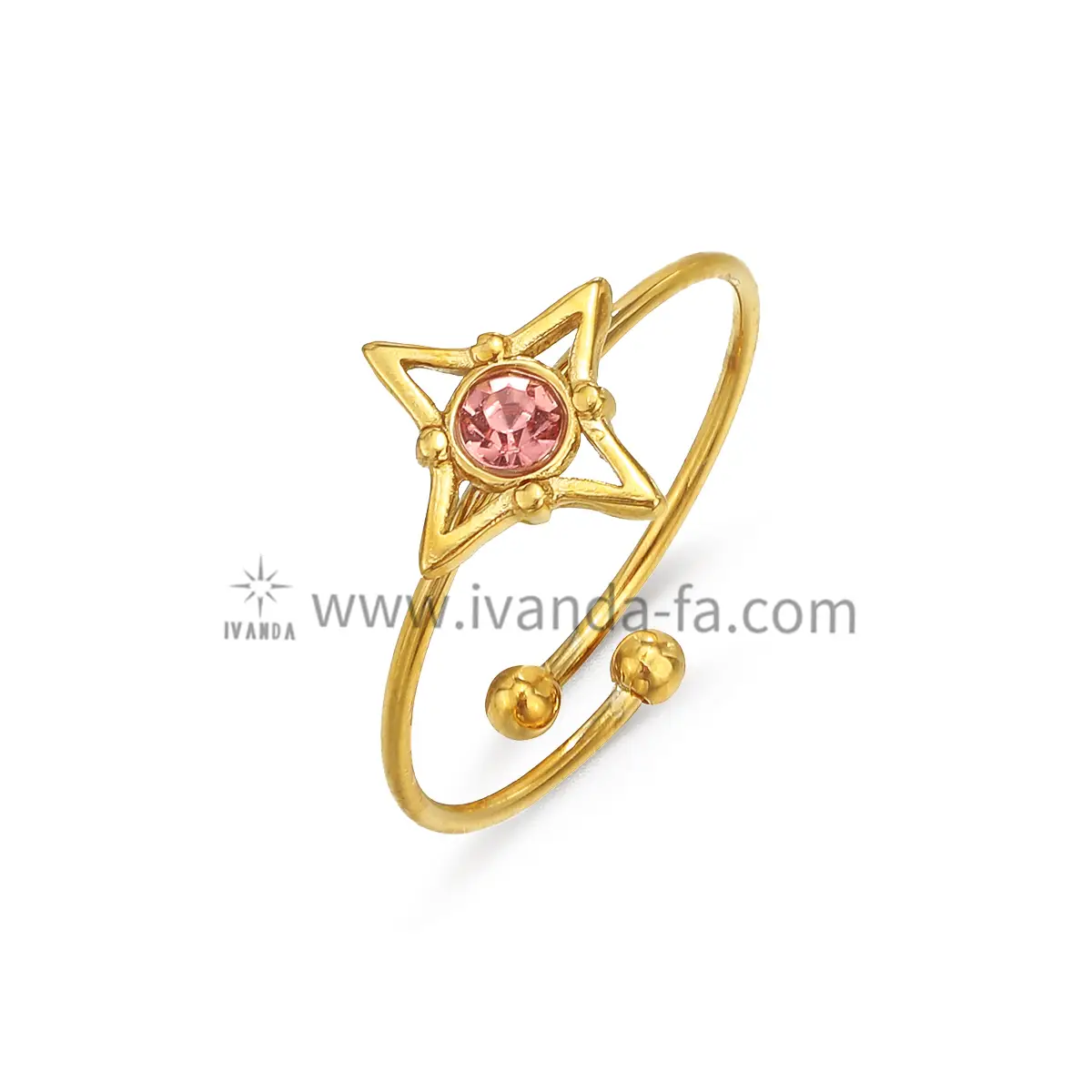 Acier Bijoux 18K Gold Plated Stainless Steel Ring With Pink Rhinestone