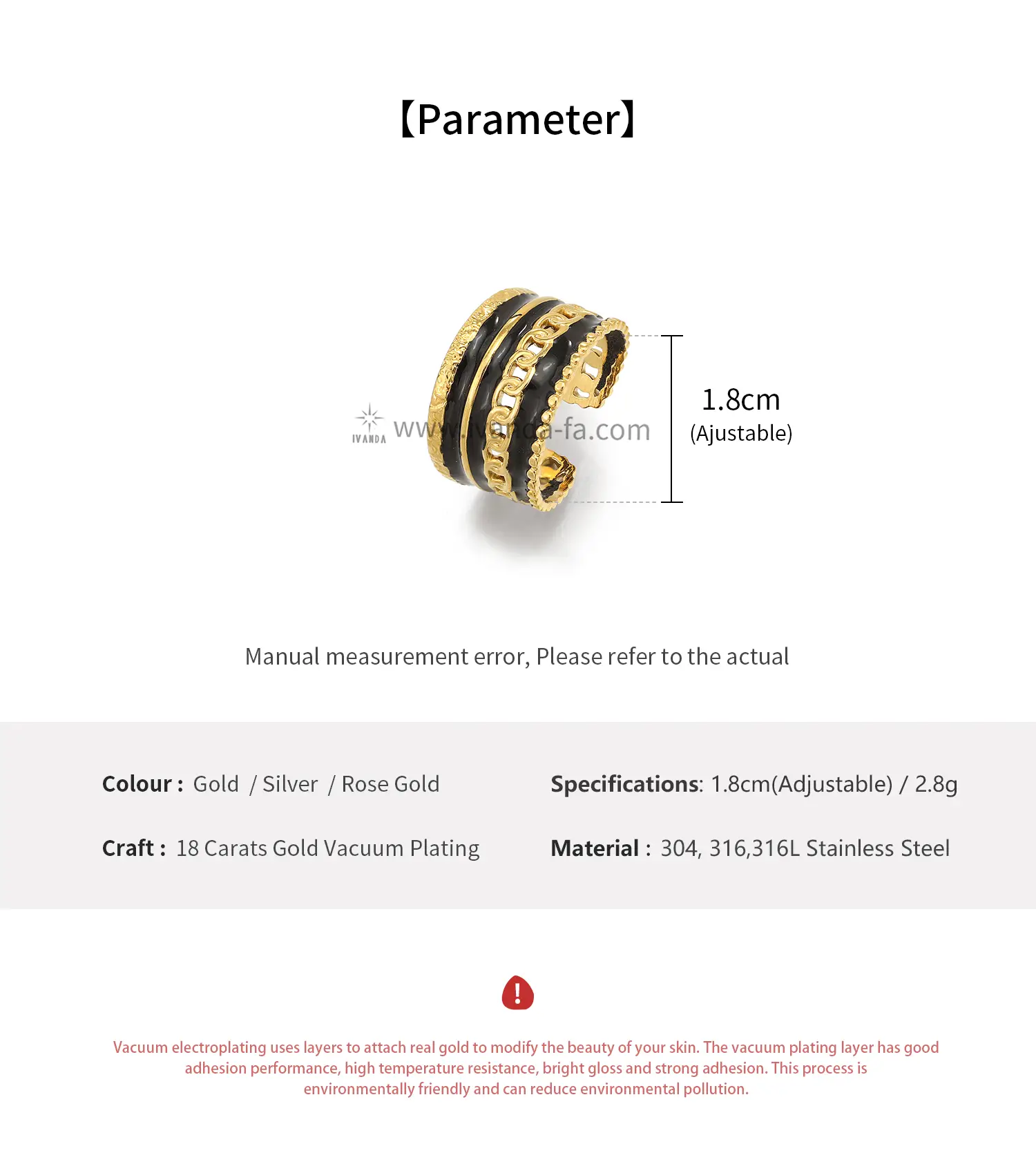 Anti-fade Adjustale Stainless Steel Ring With Black Enamel Fashion Bijoux For Women