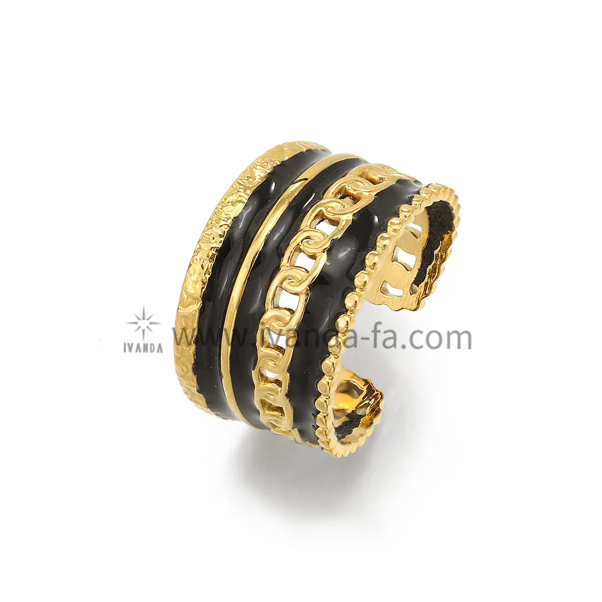 Anti-fade Adjustale Stainless Steel Ring With Black Enamel Fashion Bijoux For Women