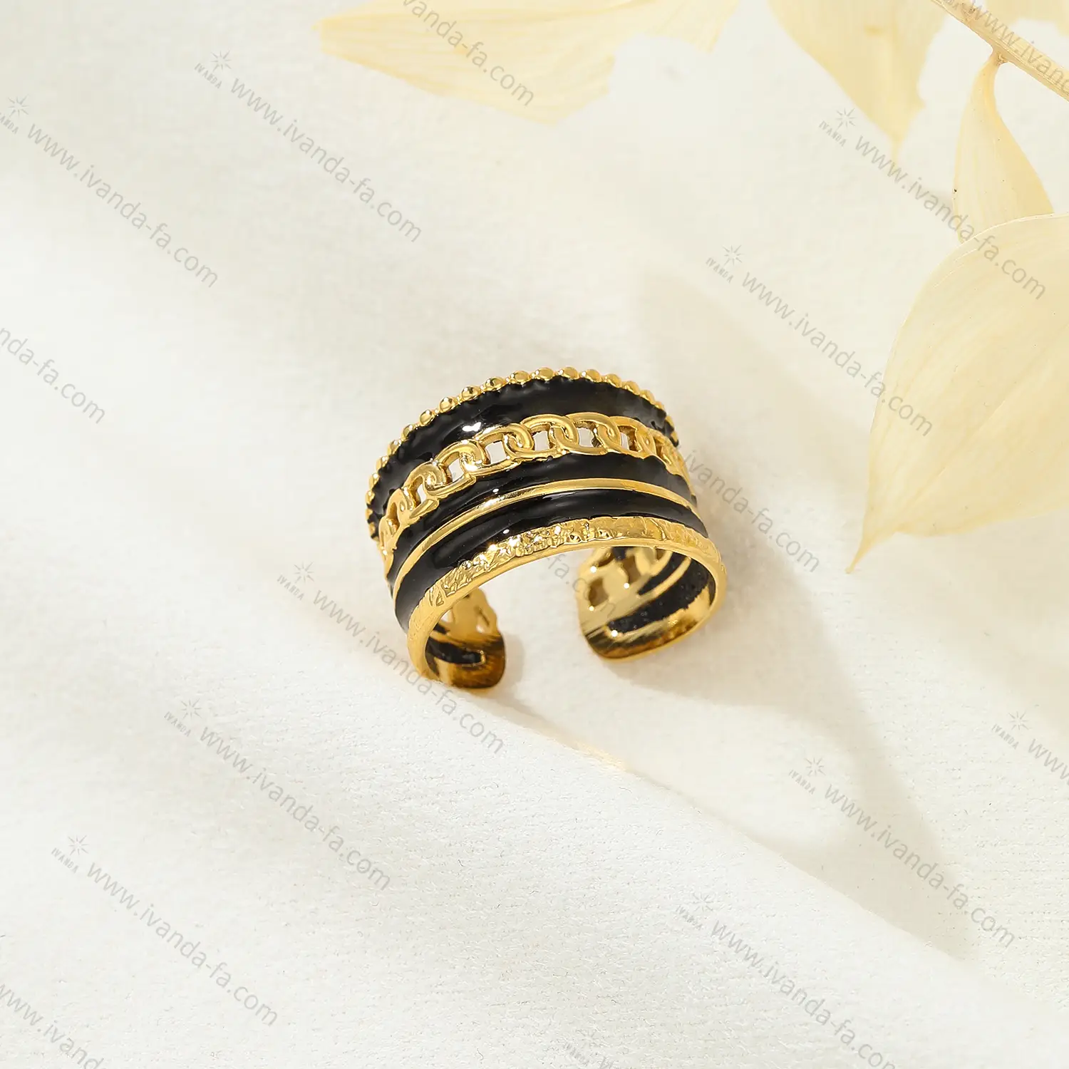 Anti-fade Adjustale Stainless Steel Ring With Black Enamel Fashion Bijoux For Women