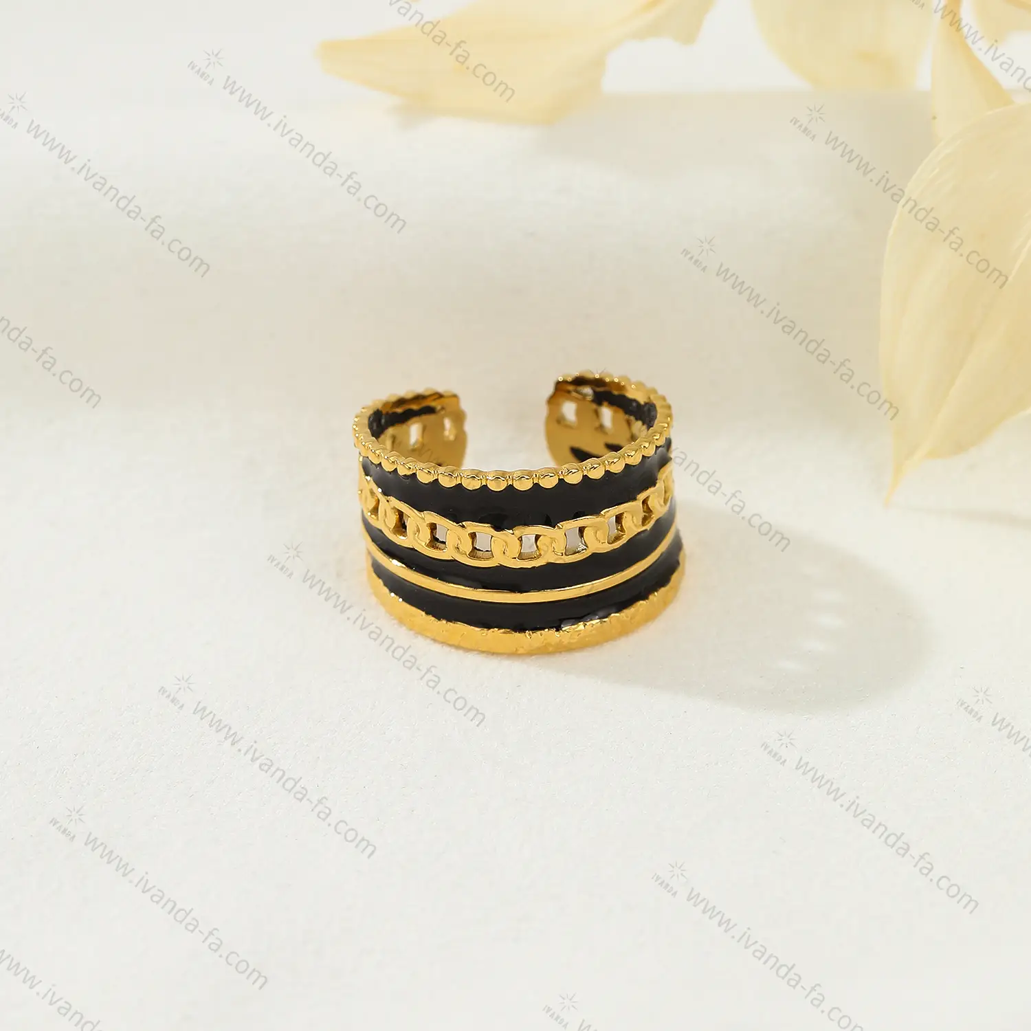 Anti-fade Adjustale Stainless Steel Ring With Black Enamel Fashion Bijoux For Women