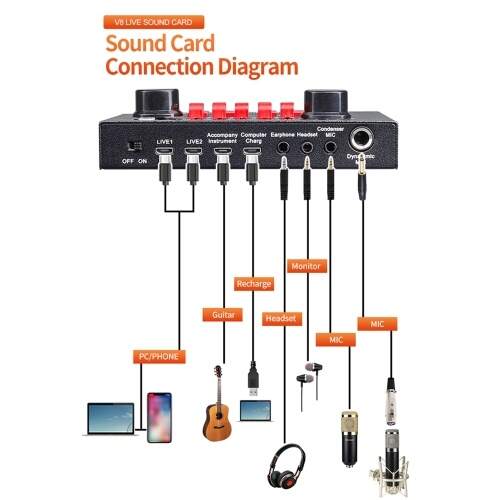 Digital V8S Audio Karaoke BT Mixer Multifunctional External Sound Card 6 Sound Modes 12 Sound Effects(CN Stock)
