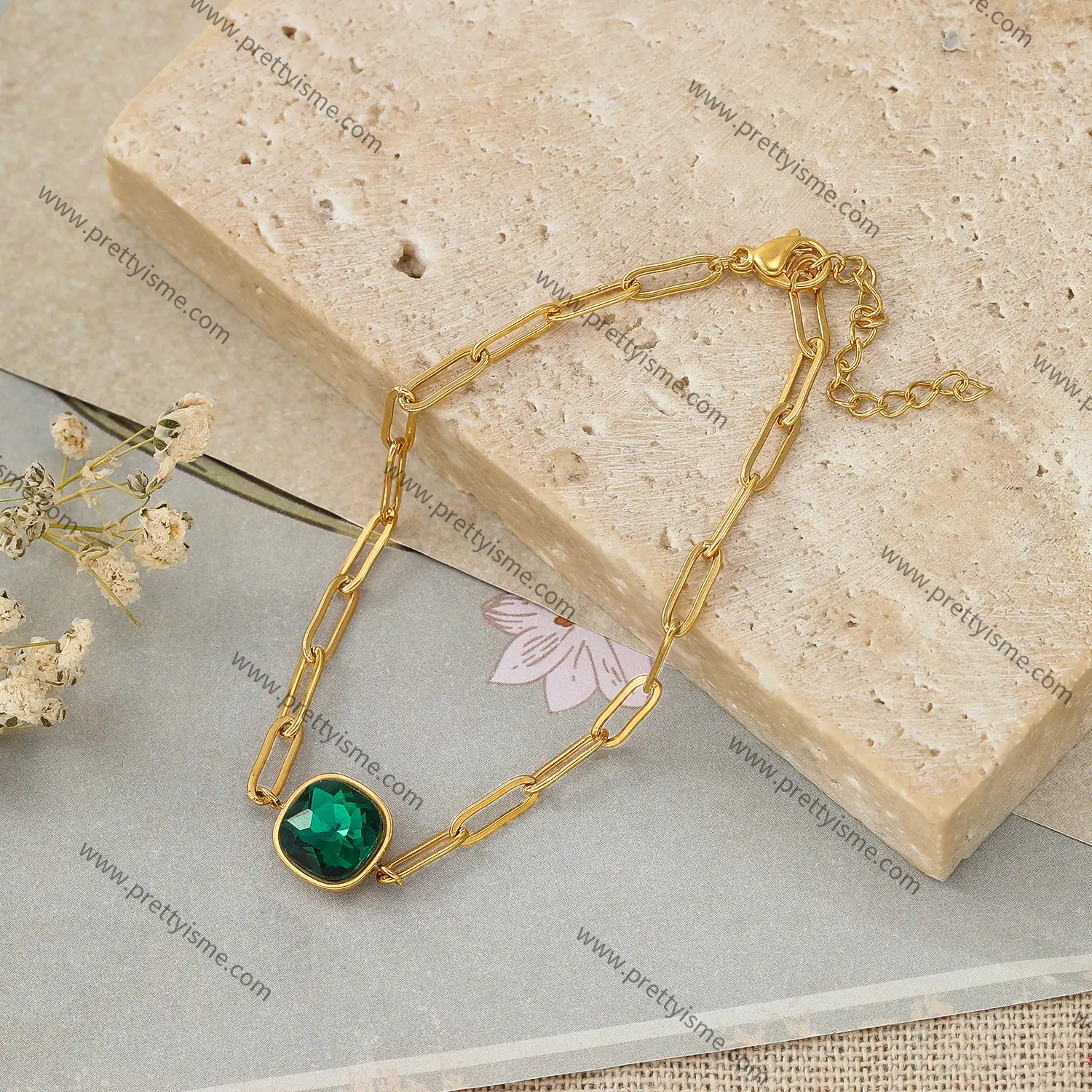 Stainless Steel Chain With Facted green zircon Bracelet Modern women waterproof bracelet (3).webp