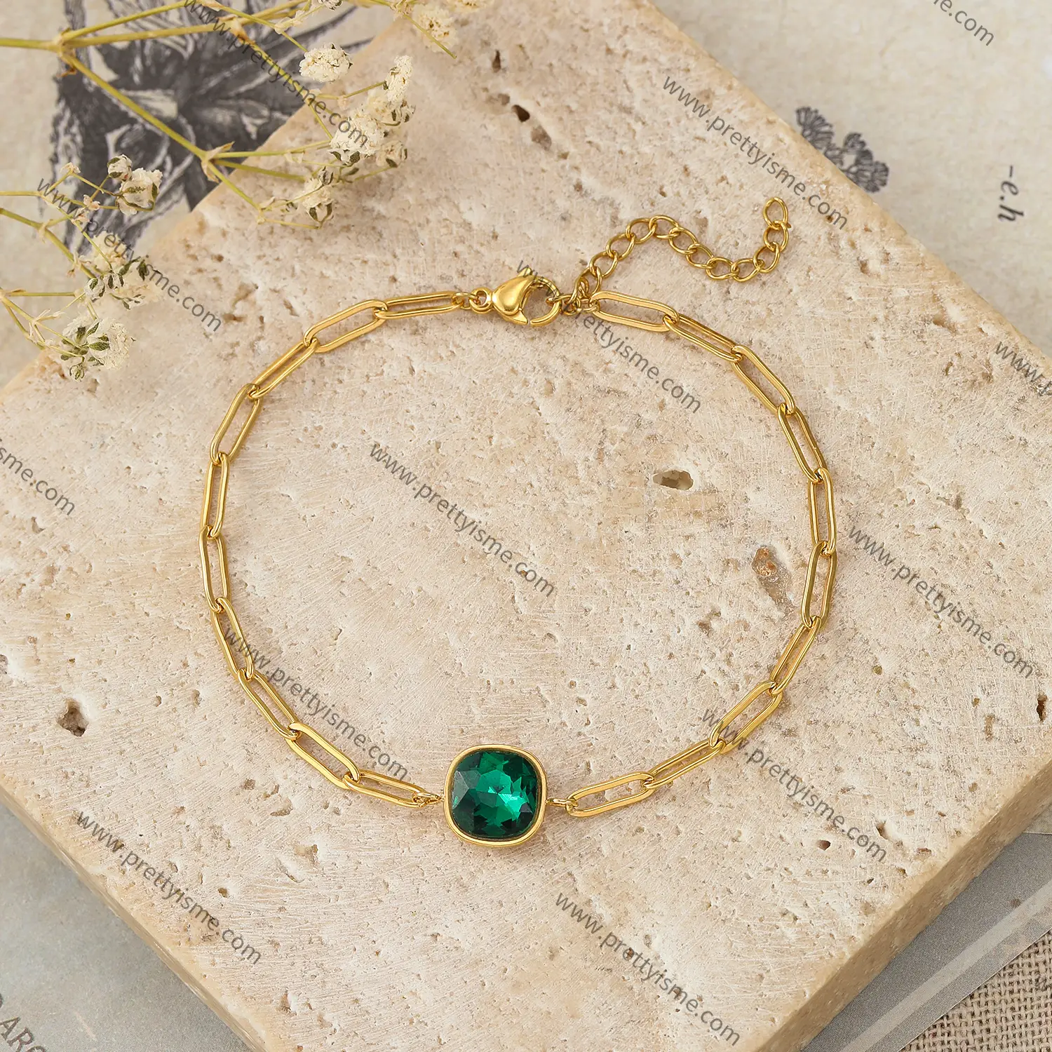 Stainless Steel Chain With Facted green zircon Bracelet Modern women waterproof bracelet (2).webp