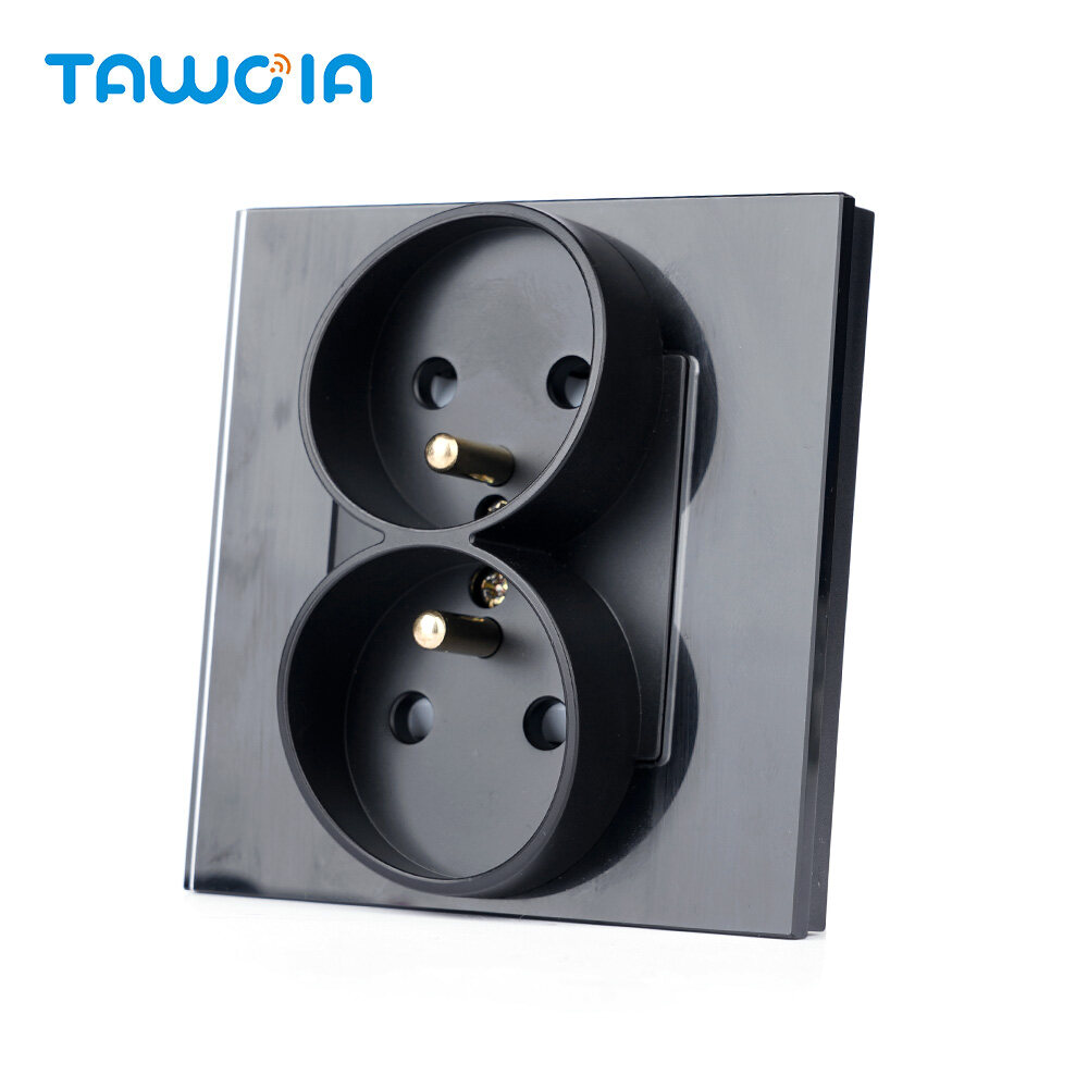 Double French Power Sockets in 86mm86mm Tempered Glass Panel