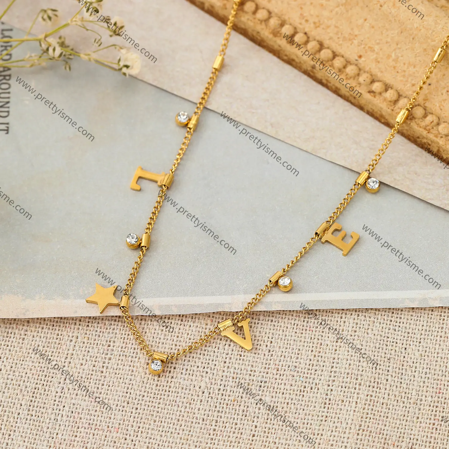 Delicate Stainless Steel 18K Gold Plated Thin Necklace With Diamond Band Monogram Waterproof Necklace.webp