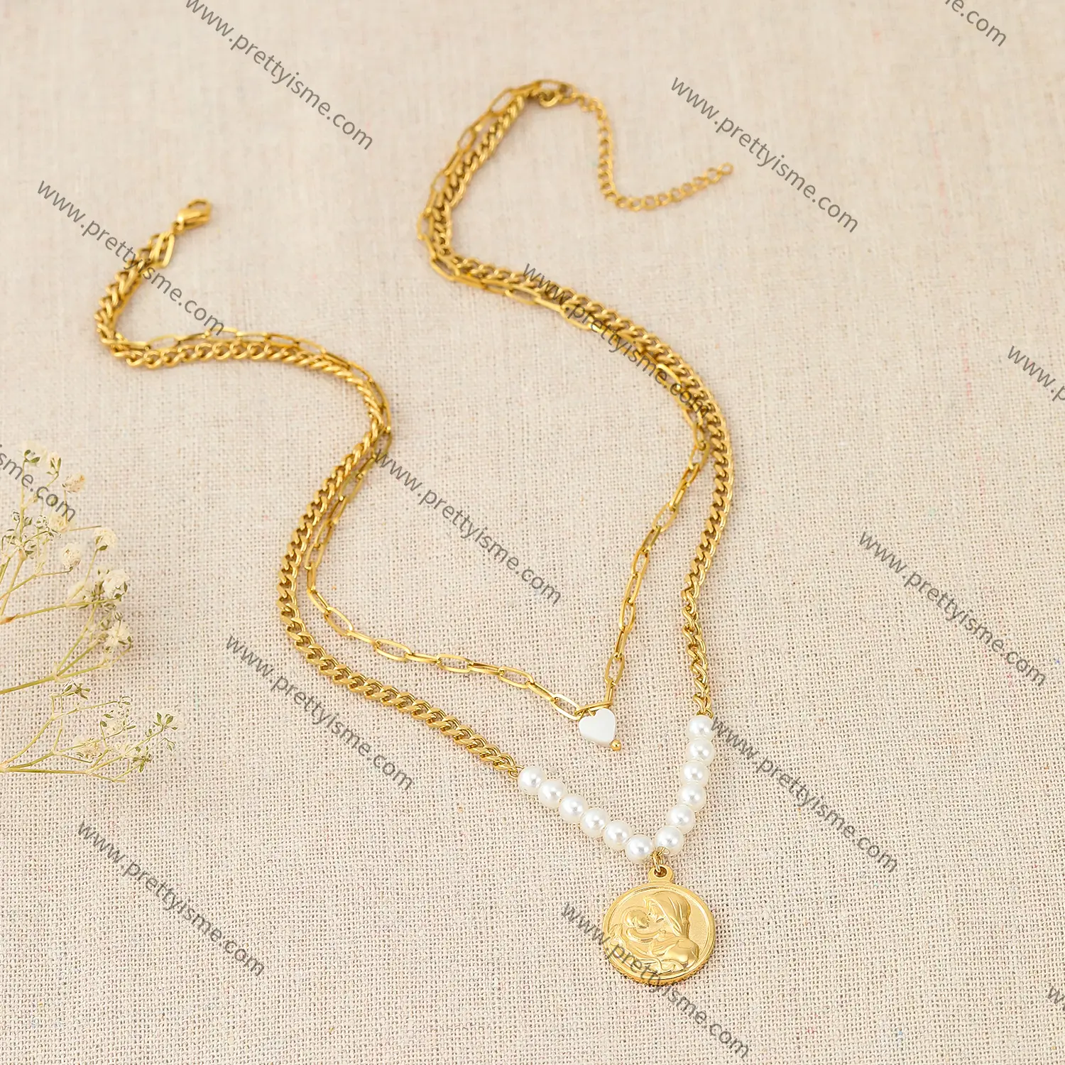 French Style Double Pearl Necklace Heart Strap Mother Pendant Delicate Necklace.webp