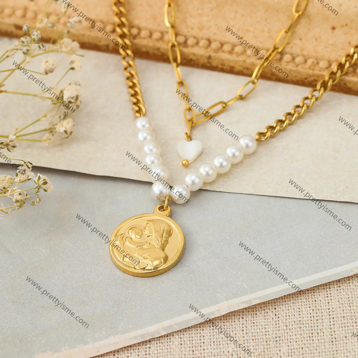 French Style Double Pearl Necklace Heart Strap Mother Pendant Delicate Necklace (3).webp