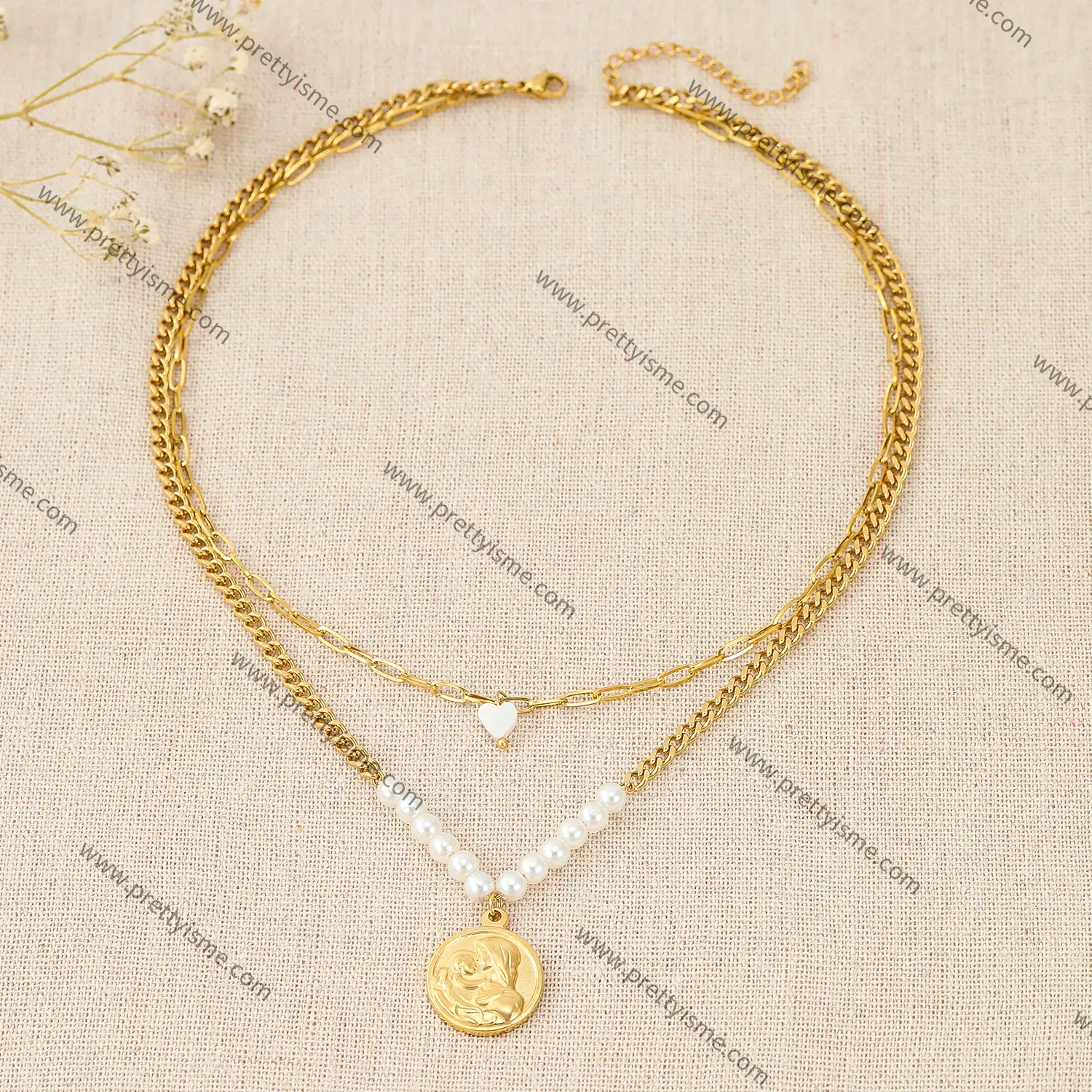 French Style Double Pearl Necklace Heart Strap Mother Pendant Delicate Necklace (2).webp