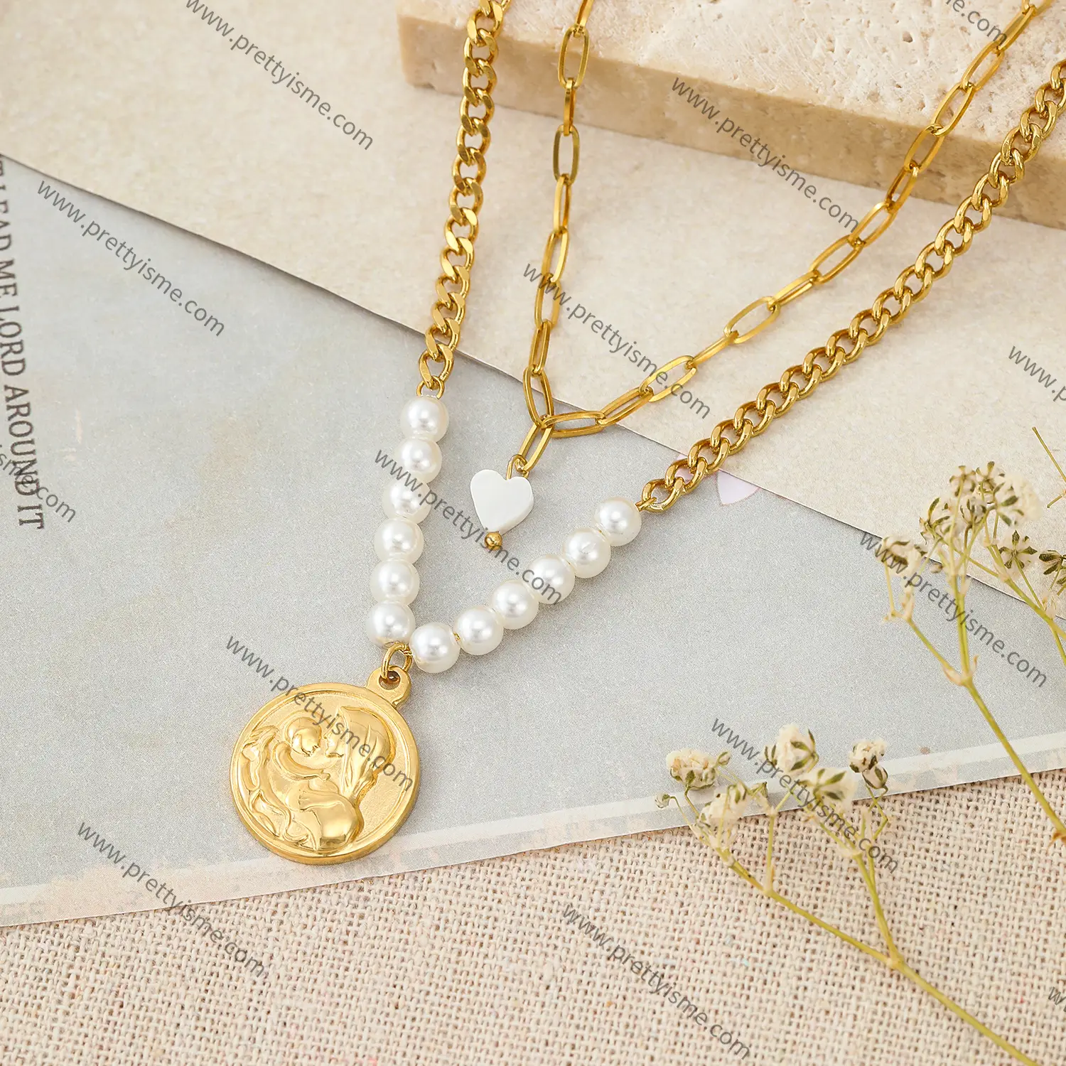 French Style Double Pearl Necklace Heart Strap Mother Pendant Delicate Necklace (4).webp