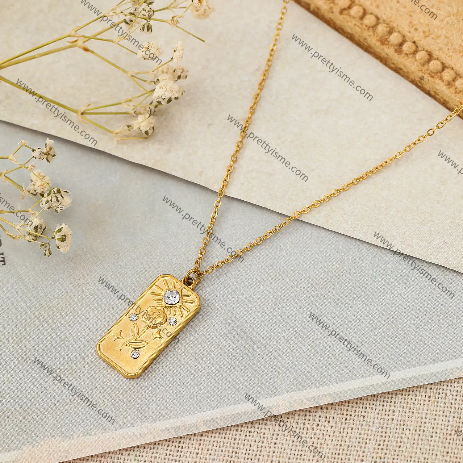 Thin Necklace Gold Plated 18K with Square Pendant Everyday Rose Pattern with Sparkling Diamonds (3).webp