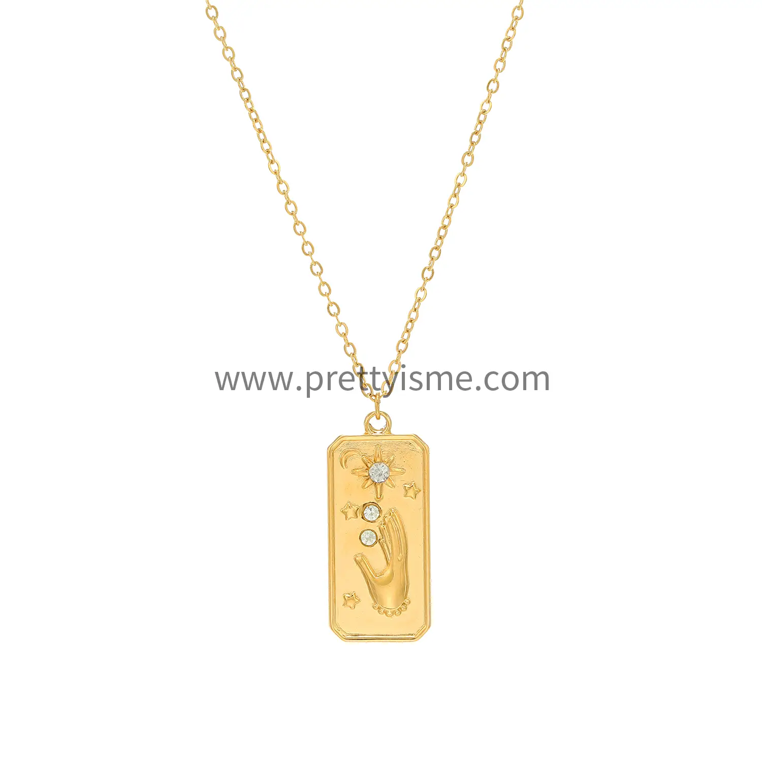 Thin Necklace Gold Plated 18K with Square Pendant Star Moon Pattern with Sparkling Diamonds (5).webp