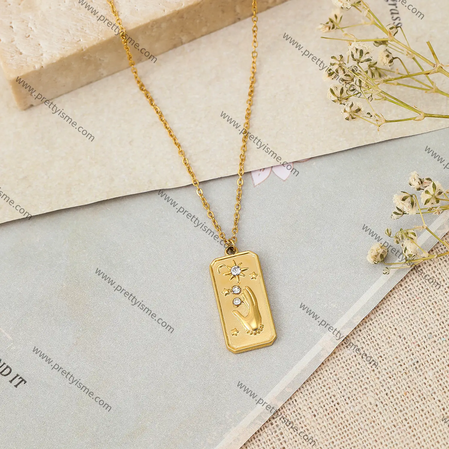 Thin Necklace Gold Plated 18K with Square Pendant Star Moon Pattern with Sparkling Diamonds (3).webp