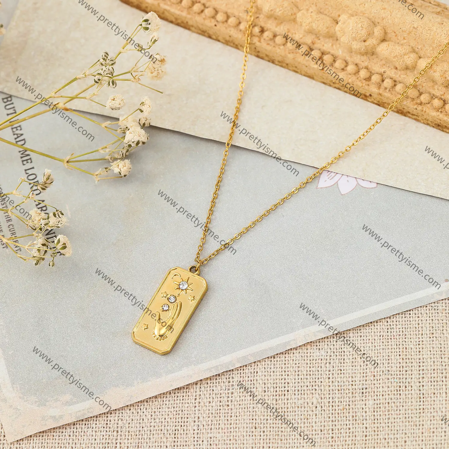 Thin Necklace Gold Plated 18K with Square Pendant Star Moon Pattern with Sparkling Diamonds (4).webp