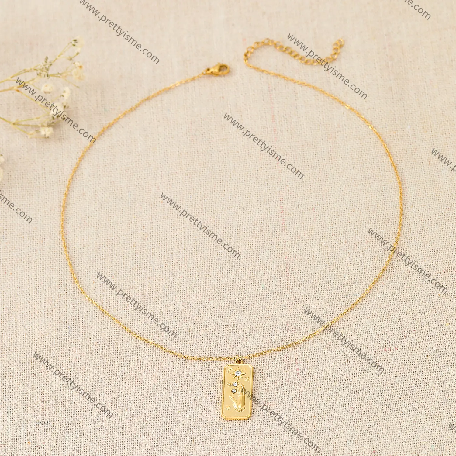 Thin Necklace Gold Plated 18K with Square Pendant Star Moon Pattern with Sparkling Diamonds.webp