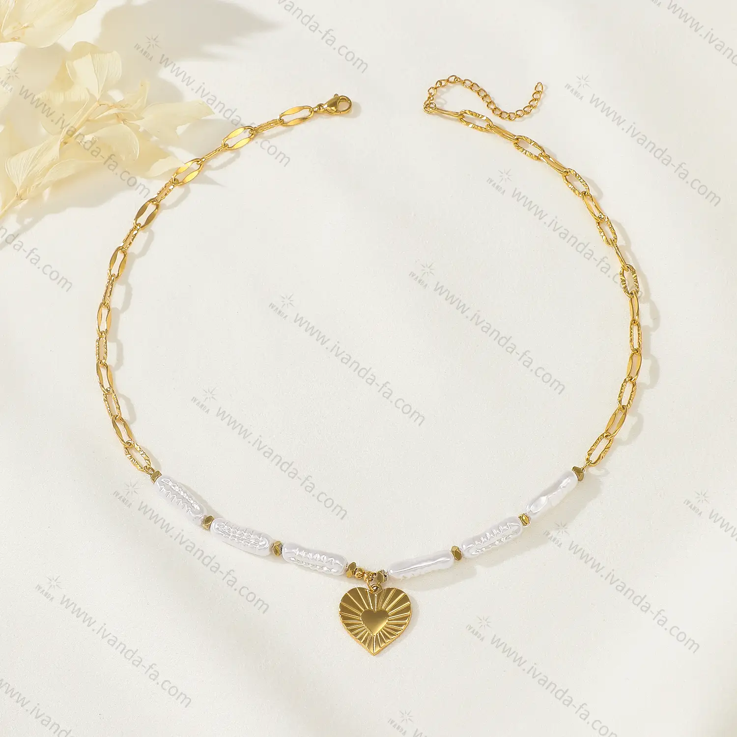 Fahion Bijoux Gold Plated Stainless Steel Necklace With Pearls And Heart-shaped Pendant From Factory Directly