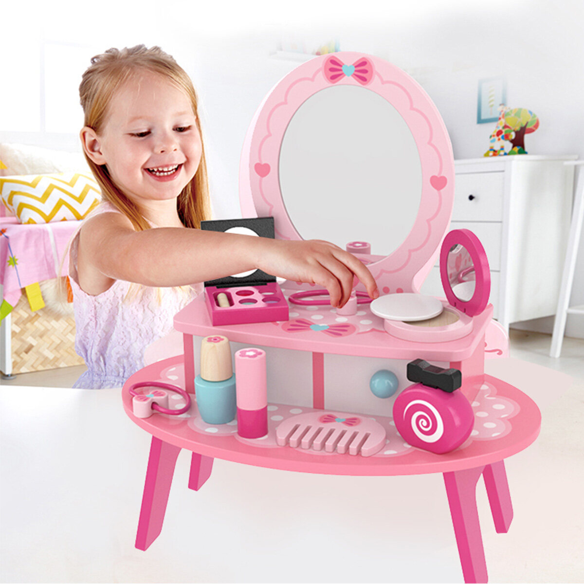 Pretend Play Kids Vanity Set - Beauty Princess Dressing Wooden Table - Wooden Beauty Play Set With Vanity and Accessories