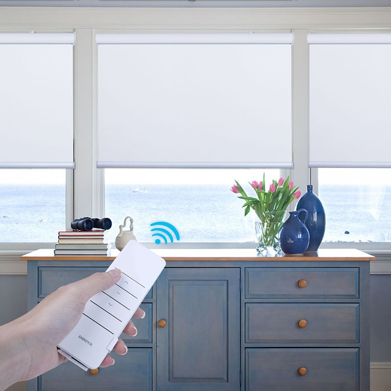 wireless electric blinds, roller electric blinds, blue roller shades, mini roller shades, mesh roller shades