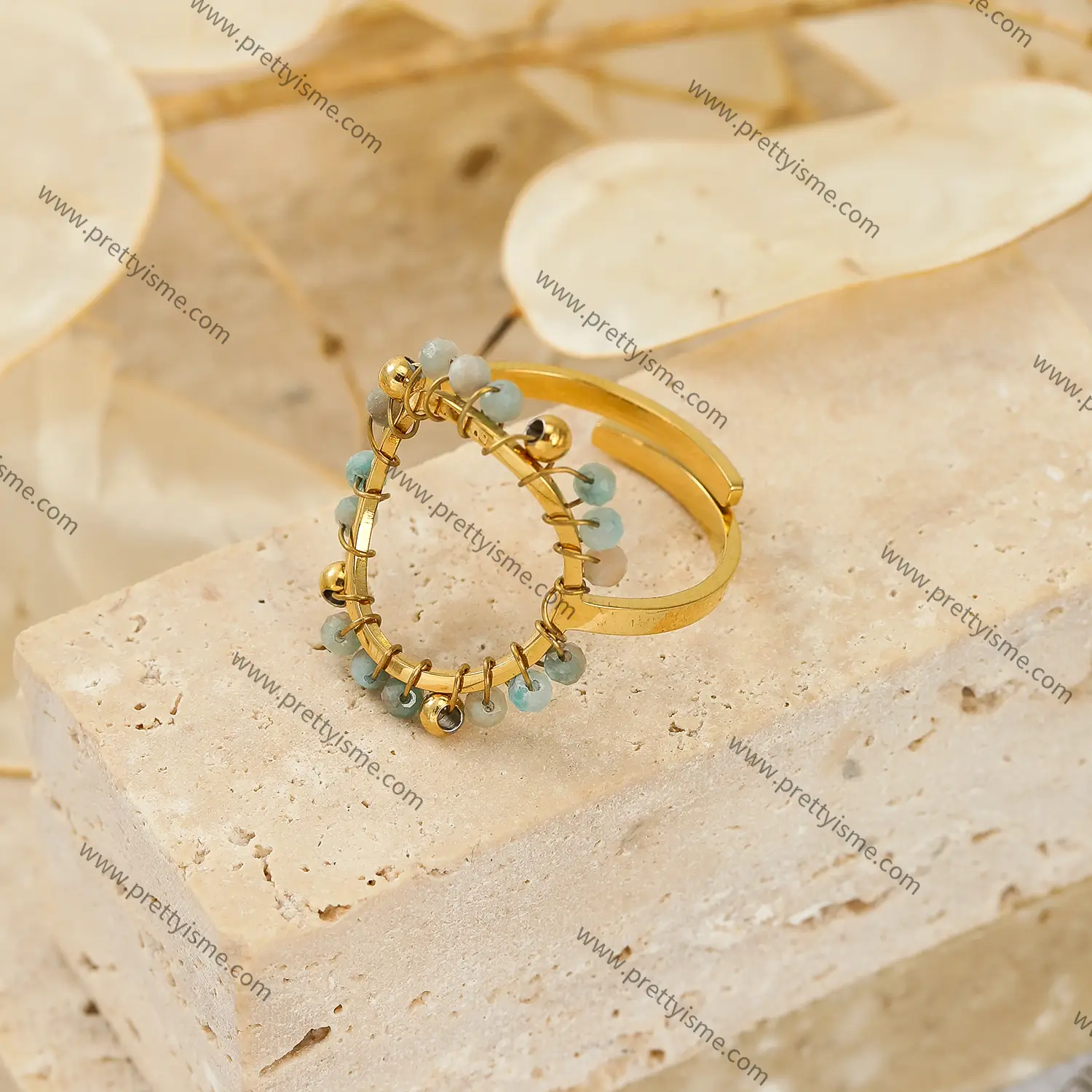 Ring Stainless Steel Open Wrap Colorful Bead Ring 18k Gold Plated (3).webp