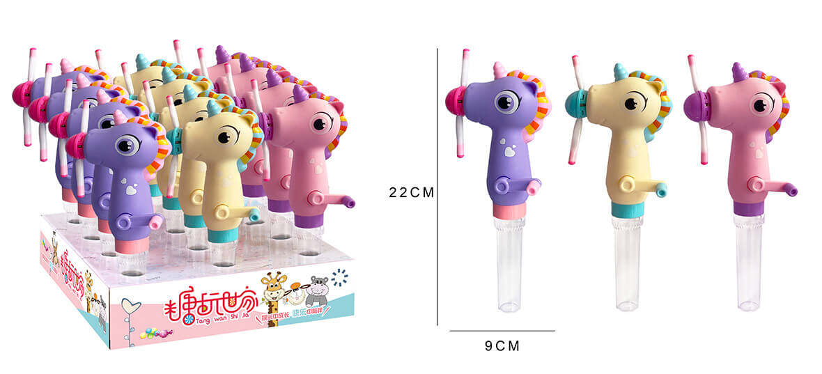 unicorn candy dispenser, spinning lollipop toy, candy toy factory