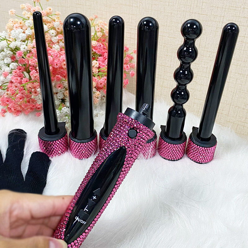 Private label Professional High Temperature Settings With LED Indicator 6 In 1 Interchangeable Curling Wand Set Hair Curler Wand