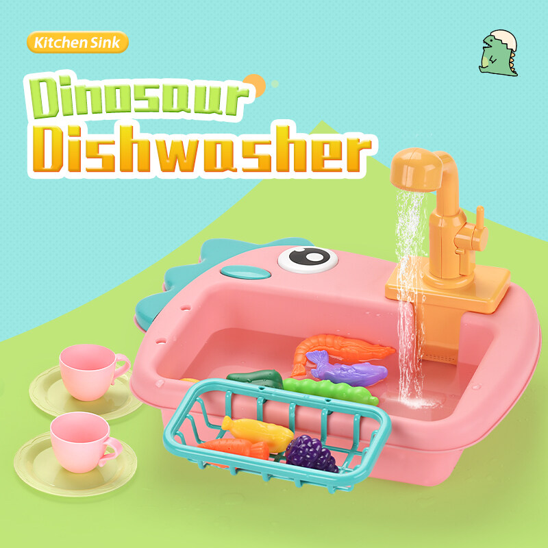 Kids Electric Dinosaur Dishwasher Play Double Fishing Mode Faucet Water Tap Dish Kitchen Sink Toy for Kids Pretend Play