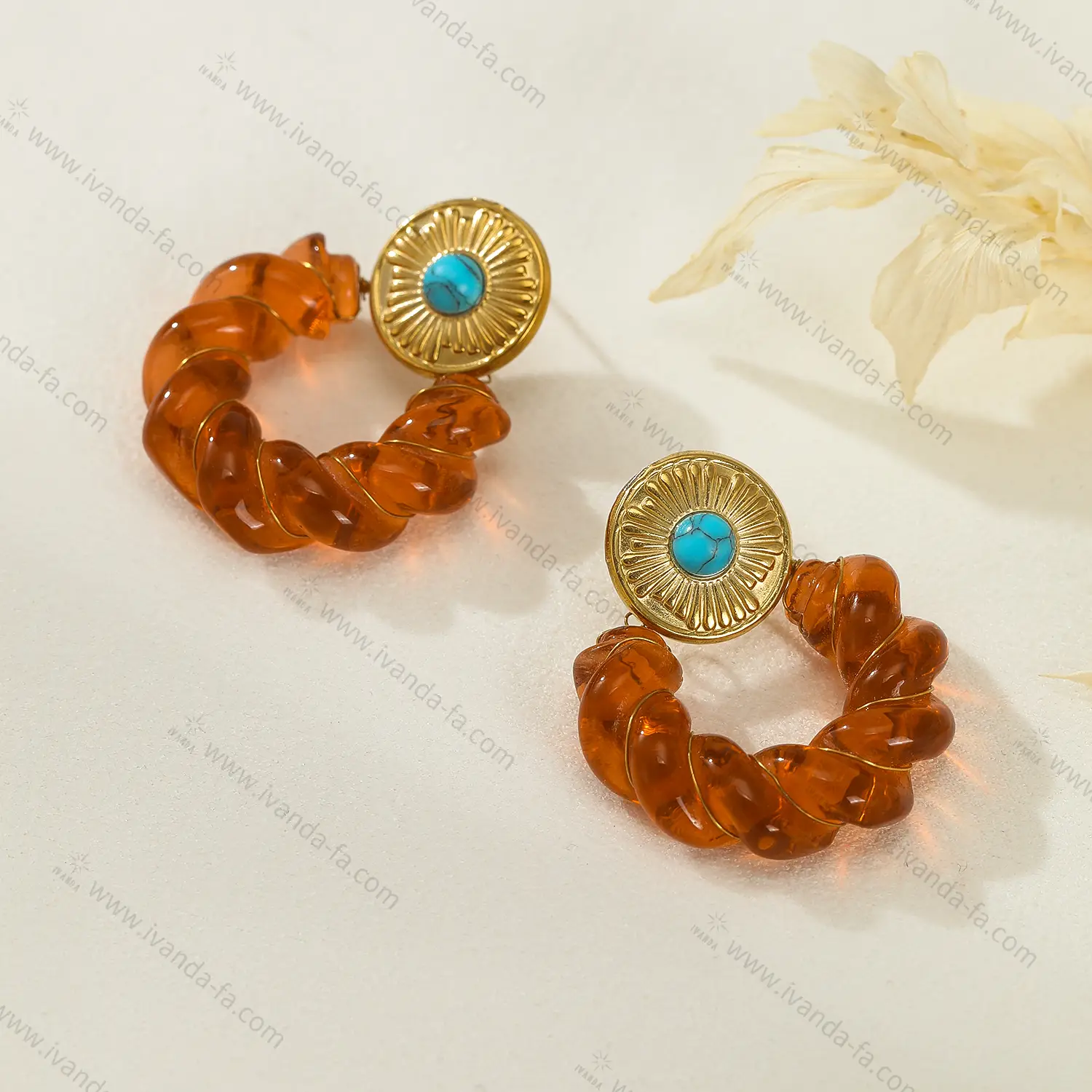 Amber Acrylic Stainless Steel Earrings with Turquoise For Women