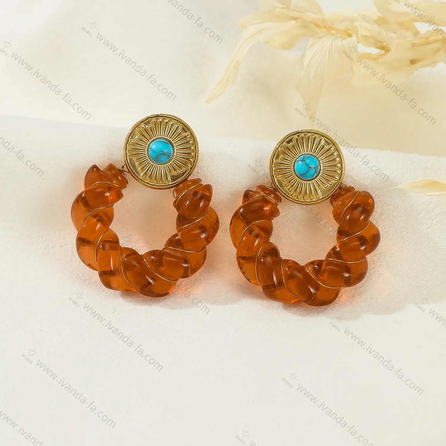 Amber Acrylic Stainless Steel Earrings with Turquoise For Women
