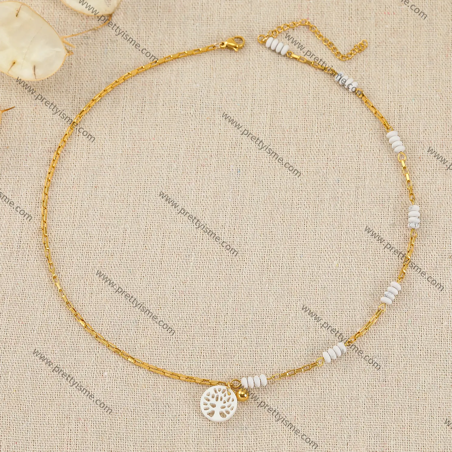 Tree of Life Pendant Necklace Stainless Steel Gold Plated 18k with White Beads (3).webp
