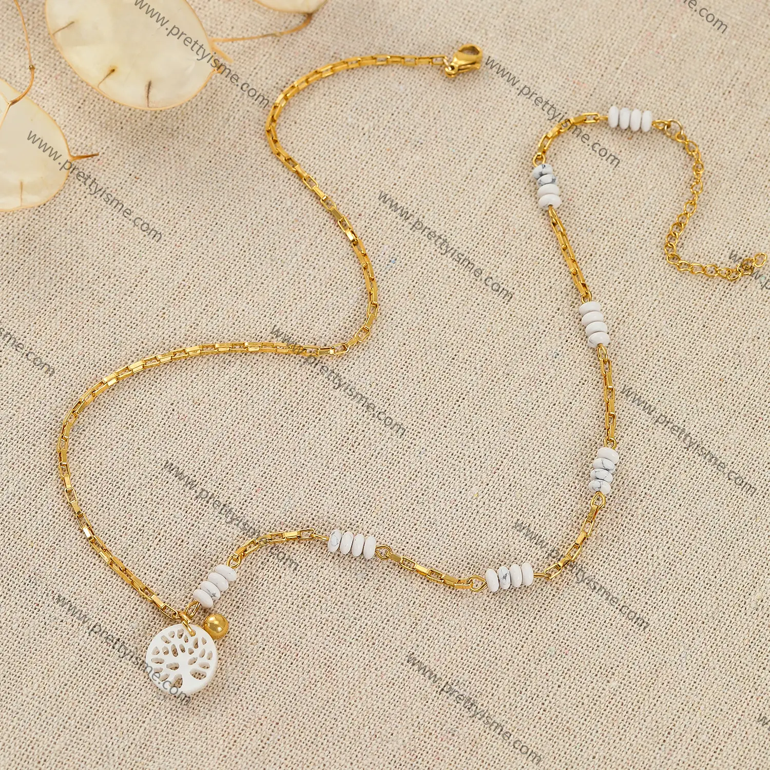 Tree of Life Pendant Necklace Stainless Steel Gold Plated 18k with White Beads.webp