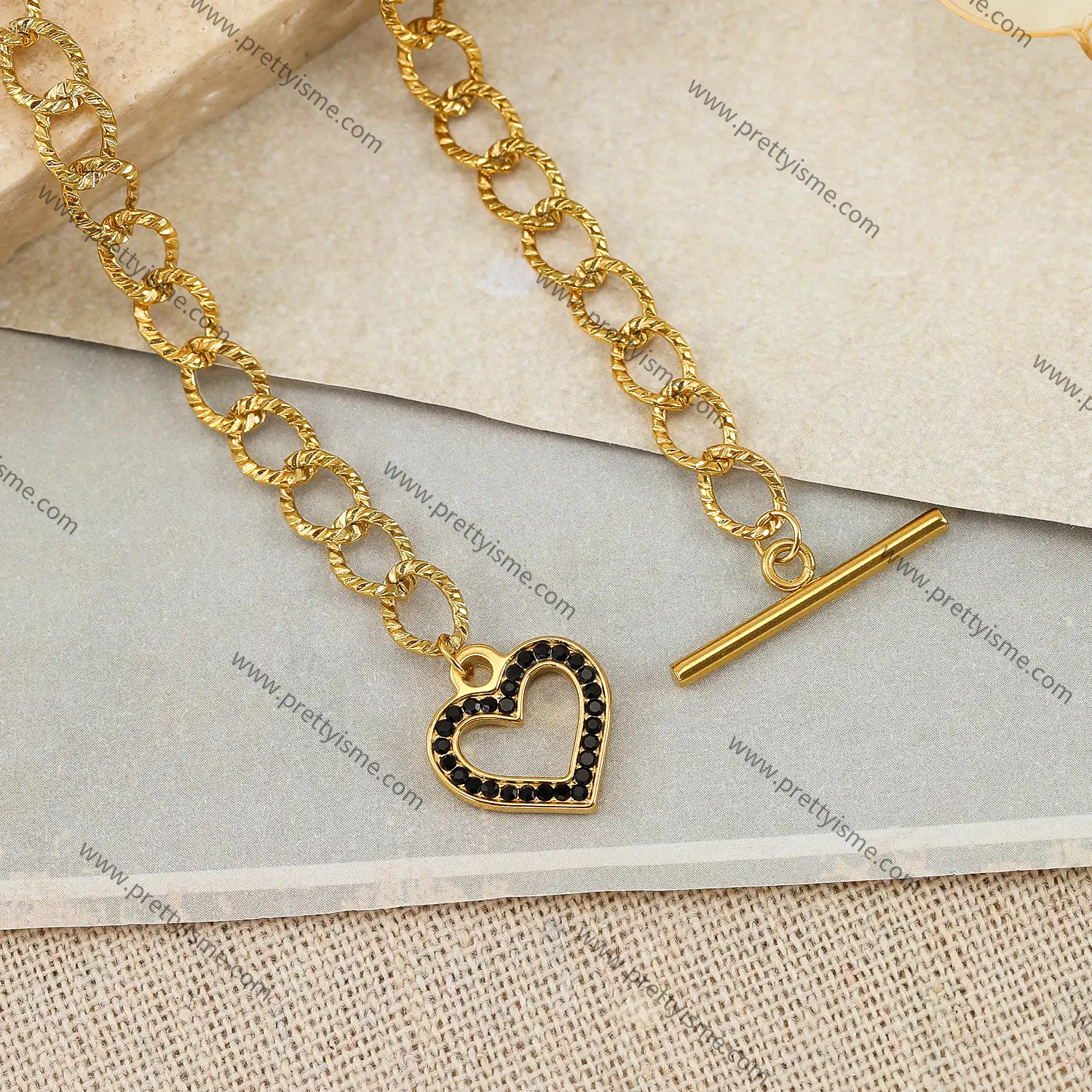 Black Heart Pendant Necklace Stainless Steel Gold Plated 18k OT Buckle.webp