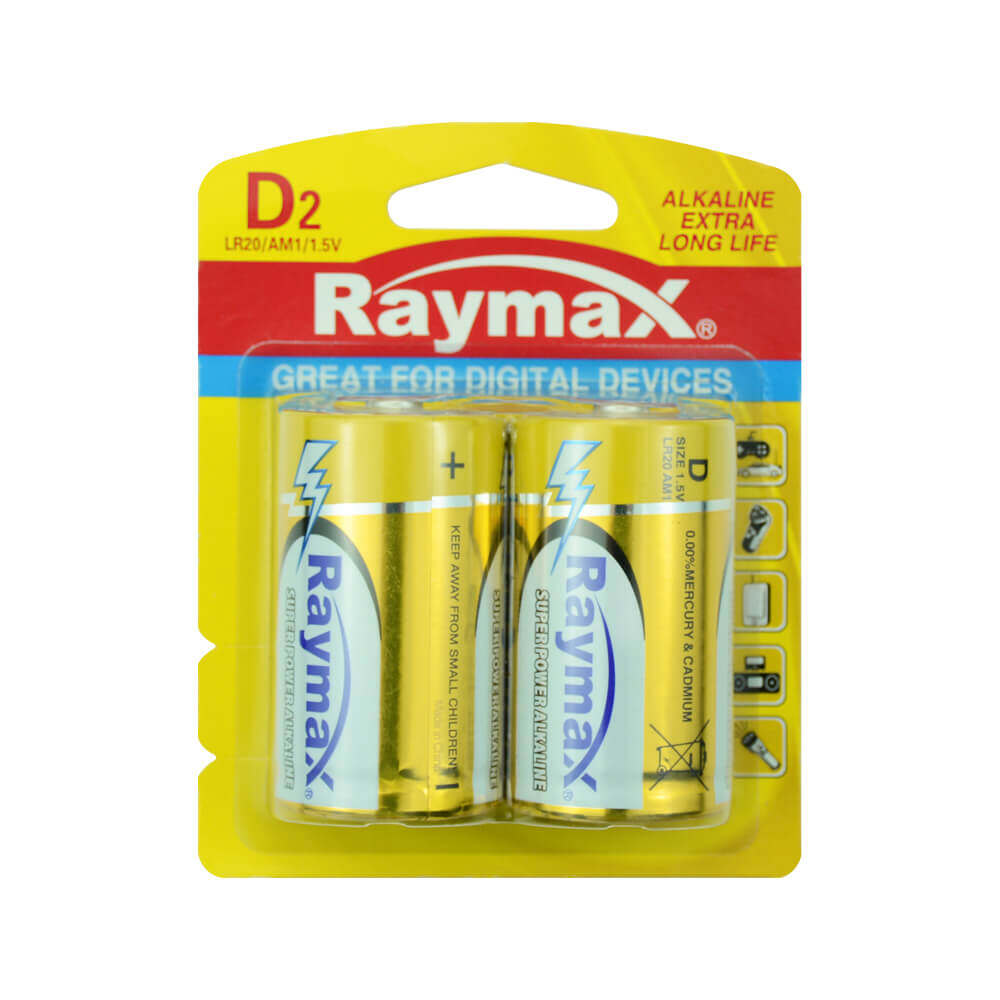 Raymax stable performance good quality LR20 1.5v alkaline D type dry battery, 2 pcs pack in bulk