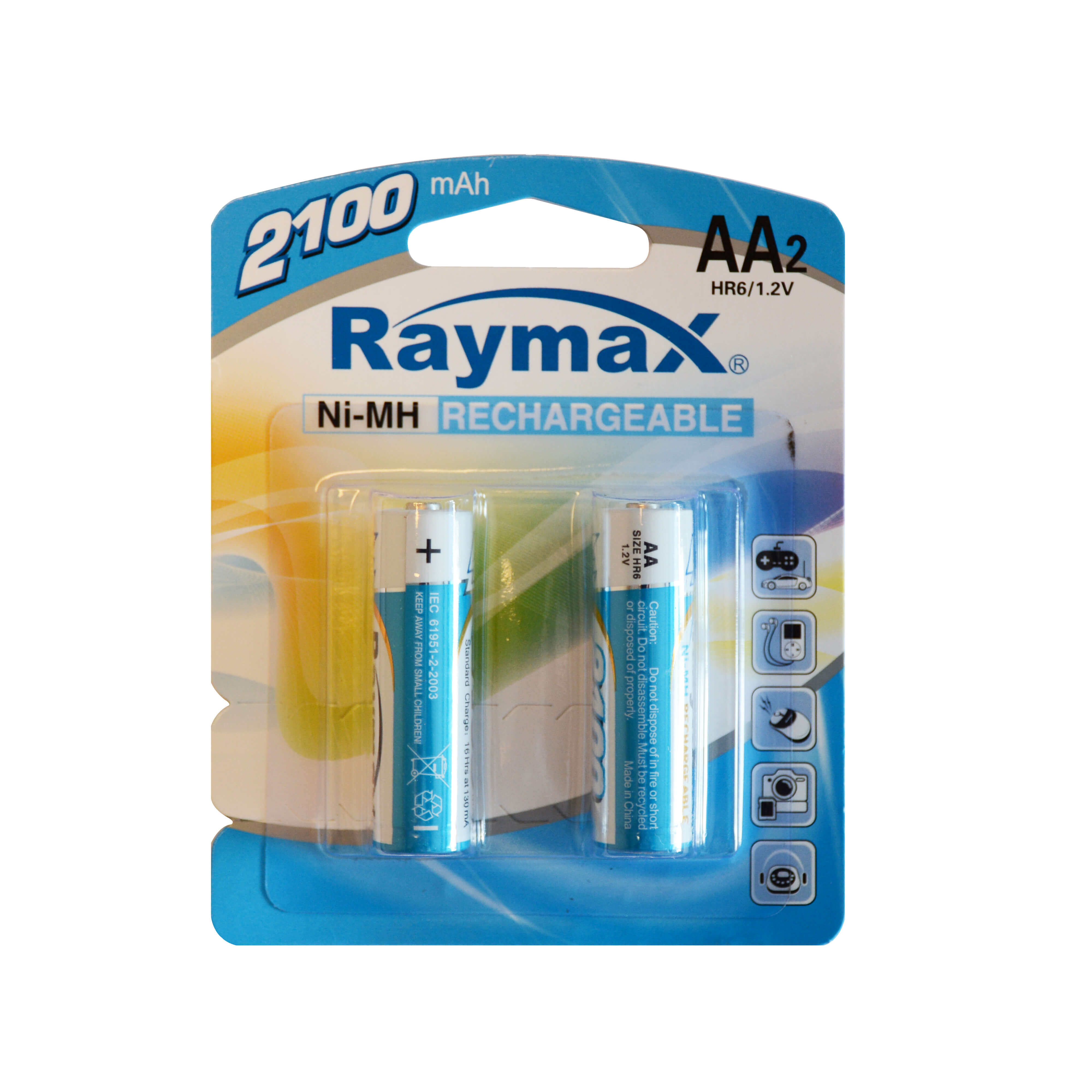 Raymax custom NIMH HR6 AA 2100mah rechargeable batteries, 2 pcs pack