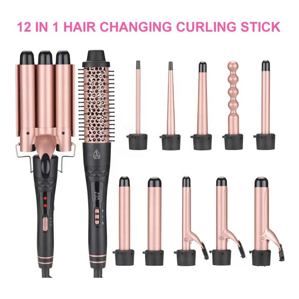12p interchangeable hair curling wand set with curling brush and beach wavers
