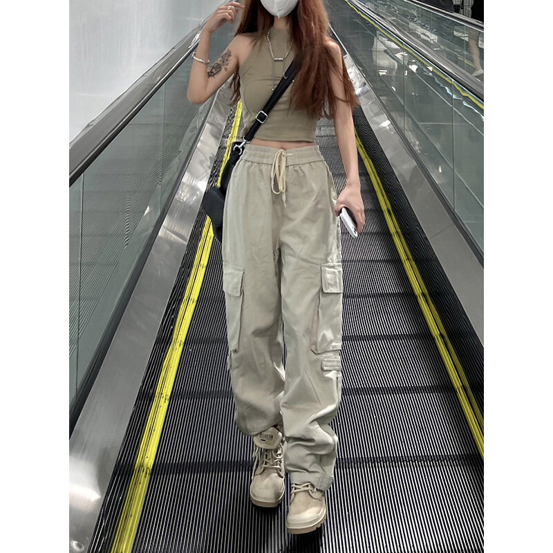 Drawstring High-waisted Loose Straight Wide-leg Women's Cargo Trousers
