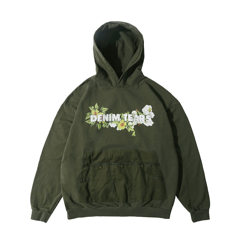 Mens Cotton Oversized Vintage Stone Acid Wash Logo Green Hoodie