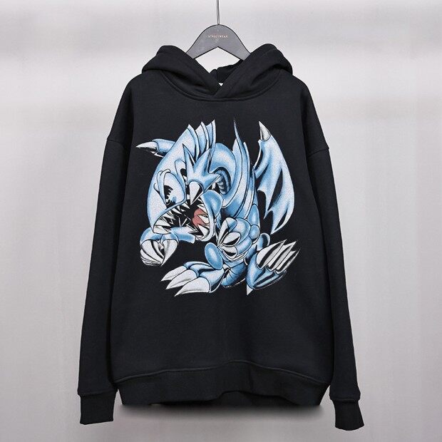 Fleece Digital Print Blue-eyed White Dragon Print Loose Side Pocket Men's Hoodie