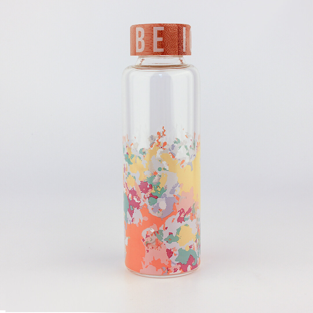 Coloured glass water bottle with wood grain plastic lid