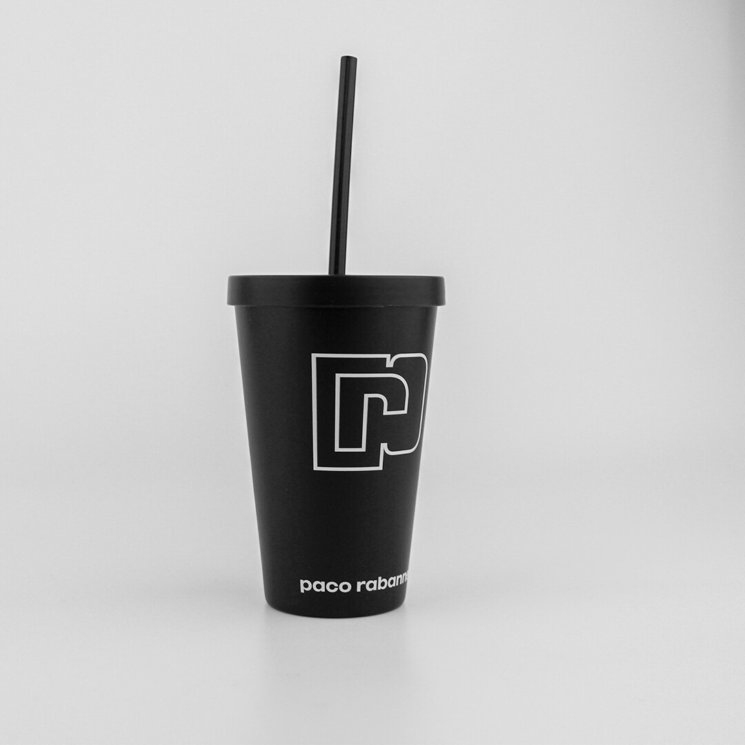 Black plastic water cup for Paco Rabanne