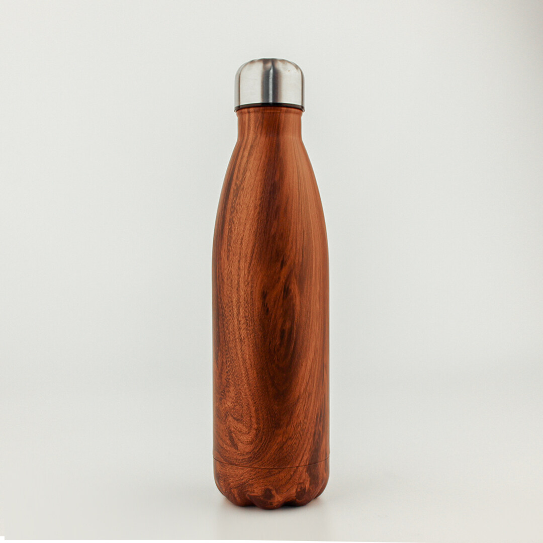 Wood grain stainless steel bottle with silver top