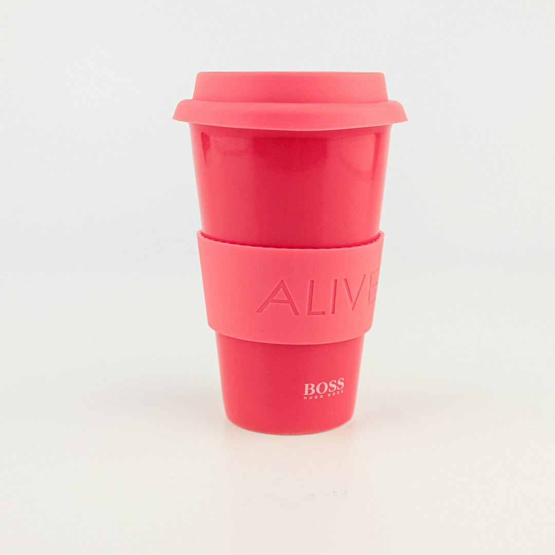 Red ceramic water cup with silicone cap and sleeve