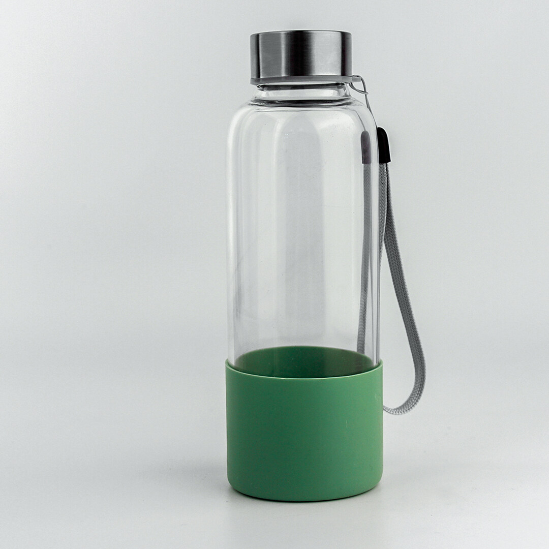The glass water bottle with the green sleeve and stainless steel top