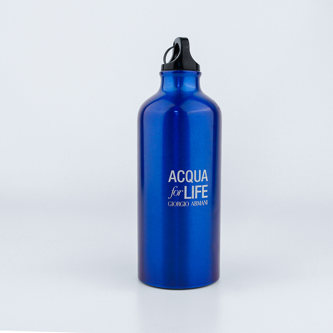 Blue aluminum alloy water bottle with black plastic top for Giorgio Armani