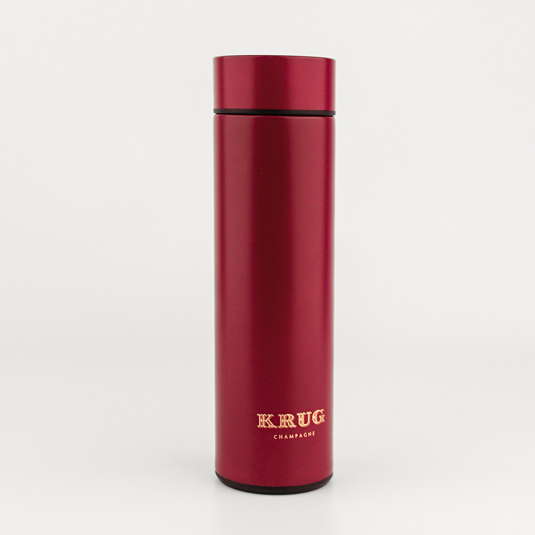Red stainless steel water bottle with filter for Krug Champagne