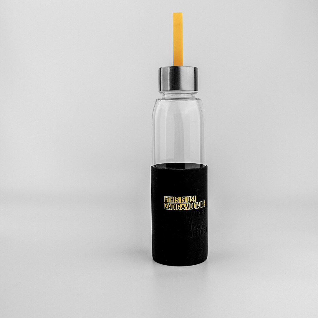 Glass water bottle with aluminum alloy cap and black sleeve for Zagid&Voltaire